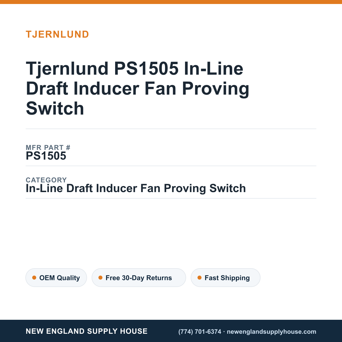 Tjernlund PS1505 In-Line Draft Inducer Fan Proving Switch — New England Supply House spec card [NESH-SPEC-CARD-V2]