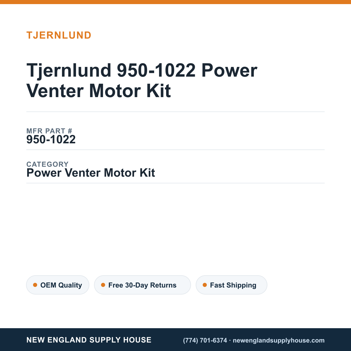 Tjernlund 950-1022 Power Venter Motor Kit — New England Supply House spec card [NESH-SPEC-CARD-V2]