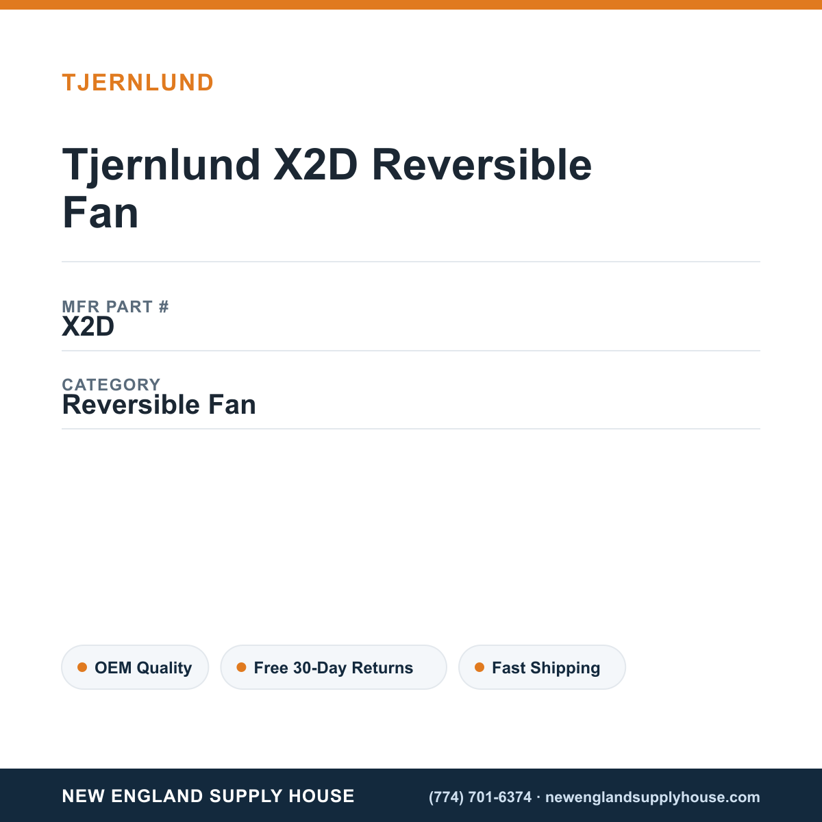 Tjernlund X2D Reversible Fan — New England Supply House spec card [NESH-SPEC-CARD-V2]
