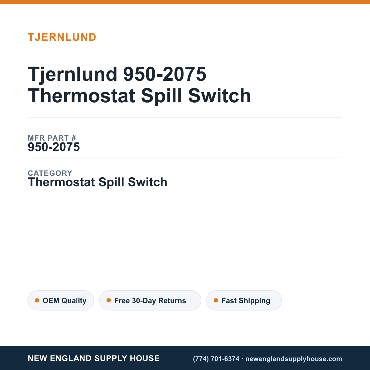 Tjernlund 950-2075 Thermostat Spill Switch — New England Supply House spec card [NESH-SPEC-CARD-V2]