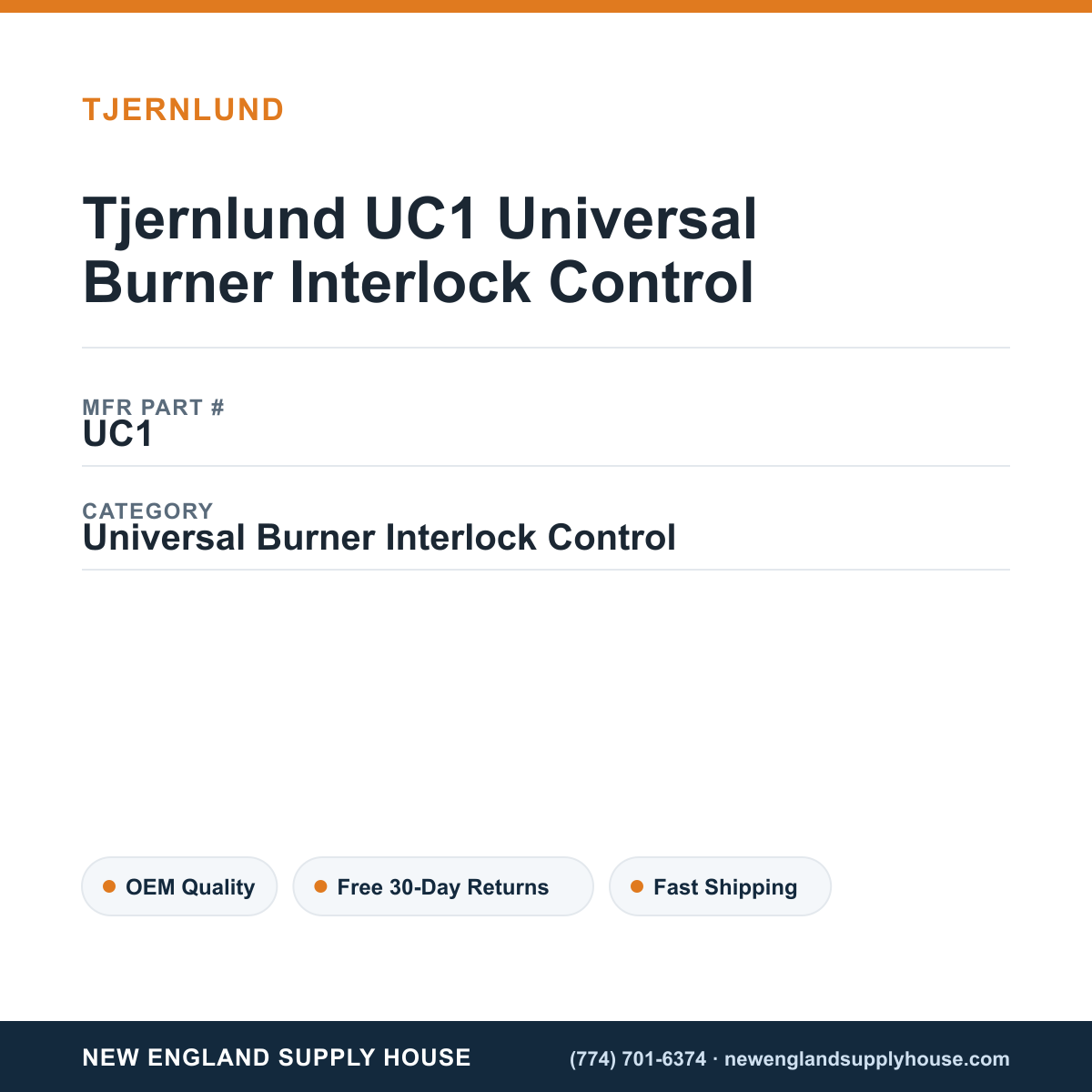 Tjernlund UC1 Universal Burner Interlock Control — New England Supply House spec card [NESH-SPEC-CARD-V2]