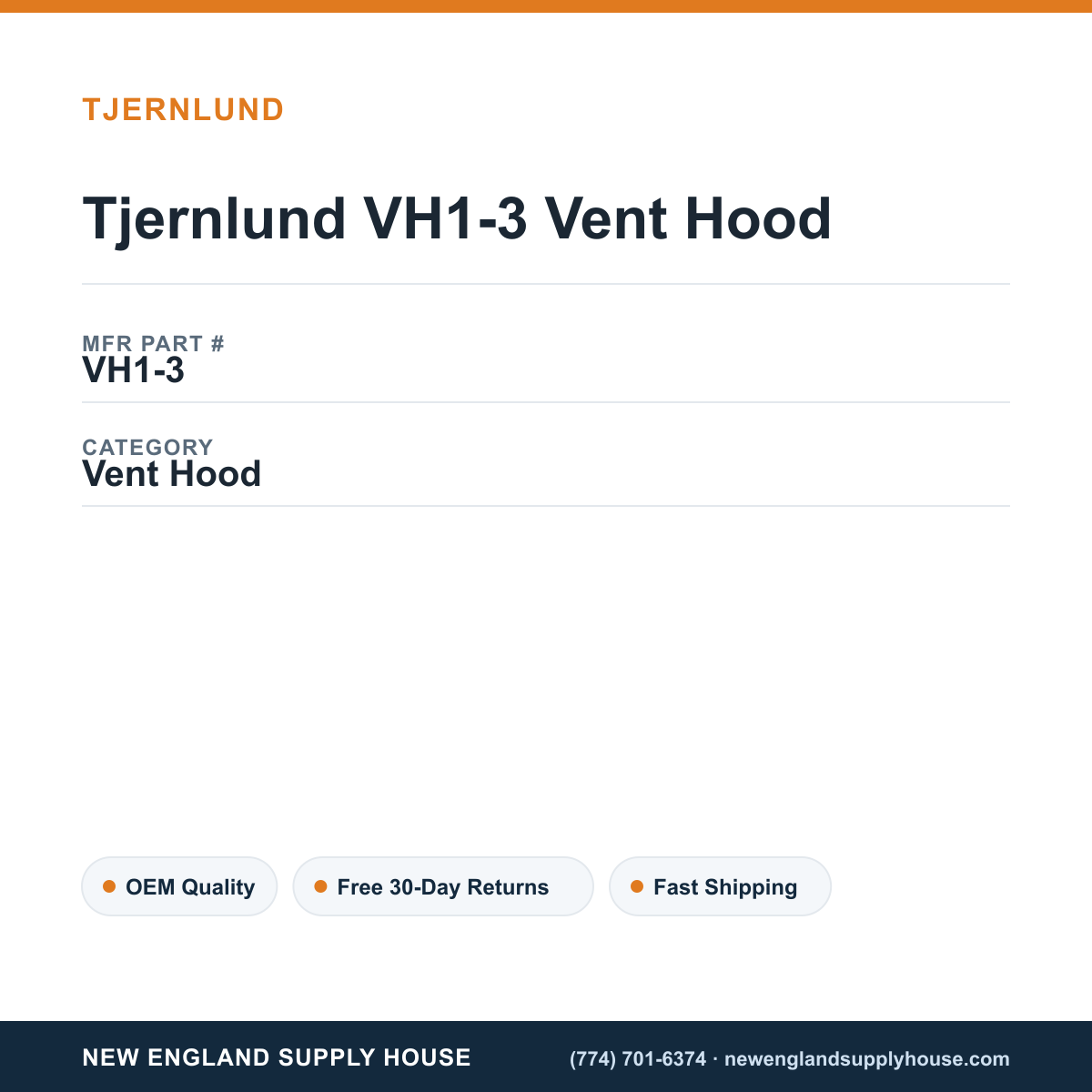 Tjernlund VH1-3 Vent Hood — New England Supply House spec card [NESH-SPEC-CARD-V2]