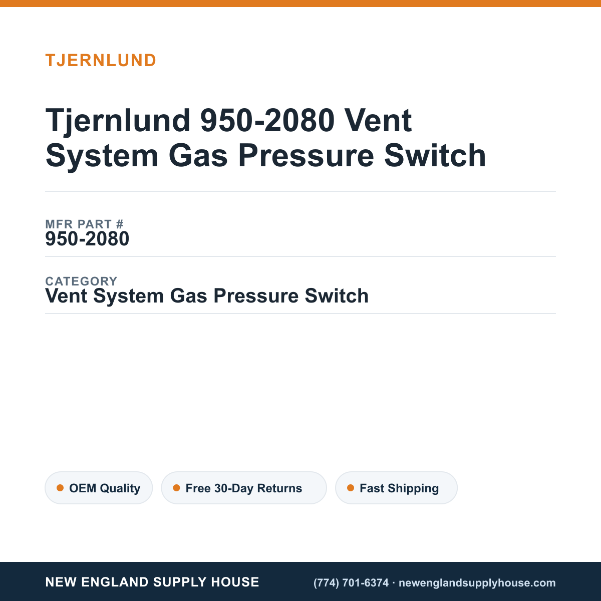 Tjernlund 950-2080 Vent System Gas Pressure Switch — New England Supply House spec card [NESH-SPEC-CARD-V2]