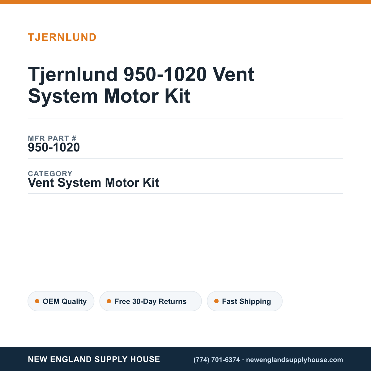 Tjernlund 950-1020 Vent System Motor Kit — New England Supply House spec card [NESH-SPEC-CARD-V2]