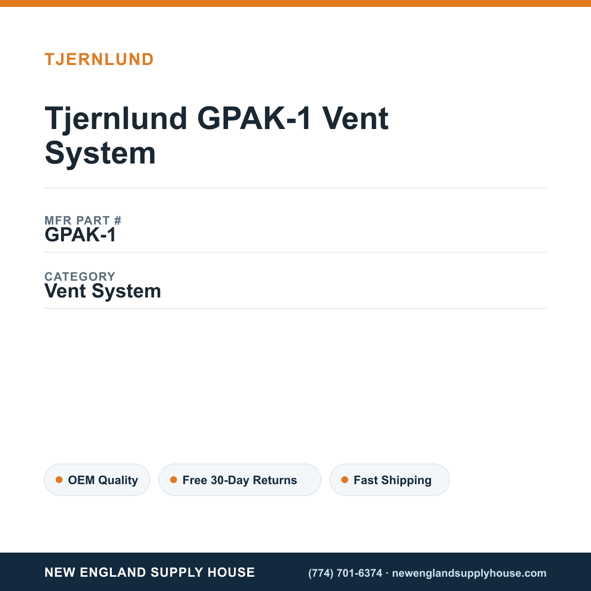 Tjernlund GPAK-1 Vent System — New England Supply House spec card [NESH-SPEC-CARD-V2]