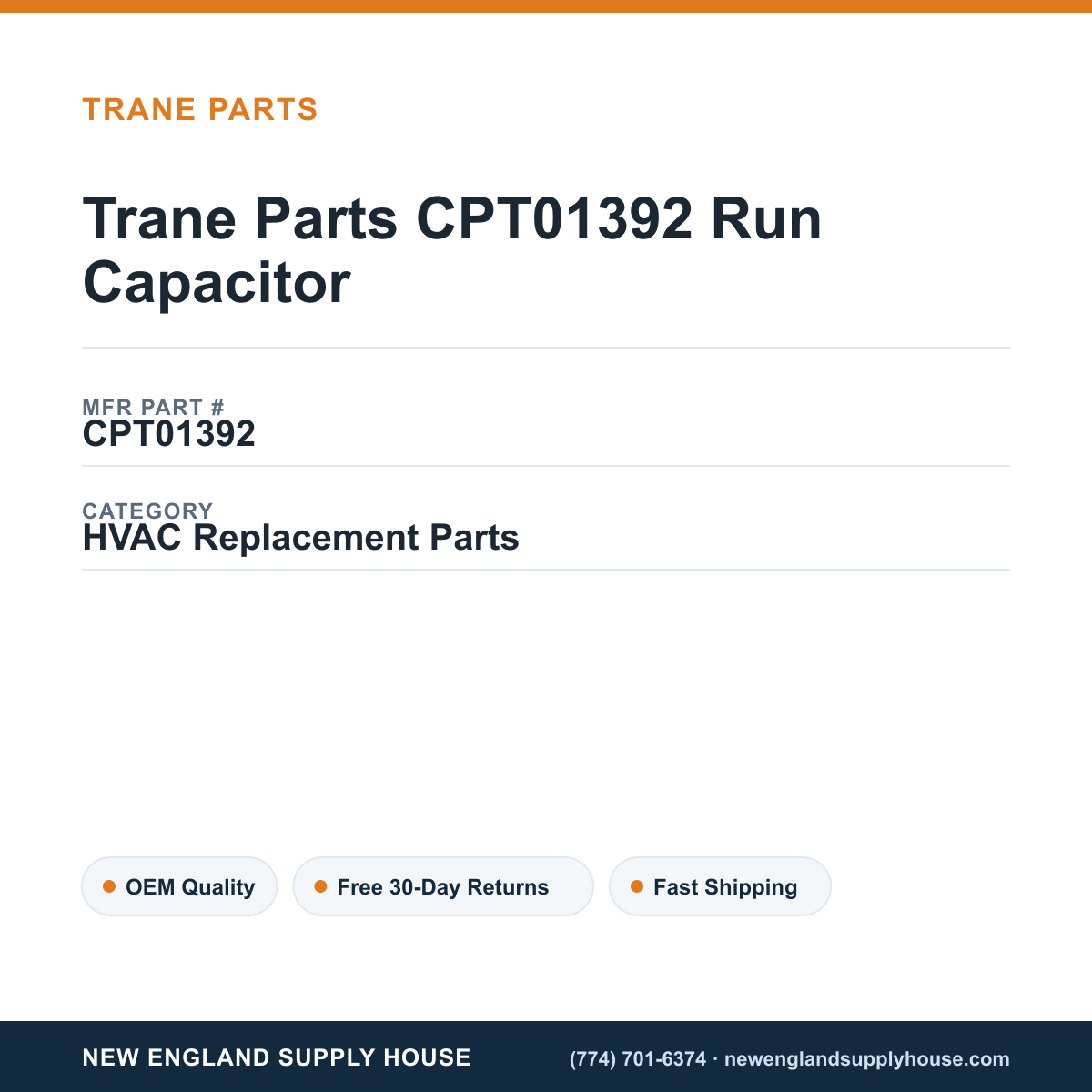 Trane Parts CPT01392 Run Capacitor — New England Supply House spec card [NESH-SPEC-CARD-V2]