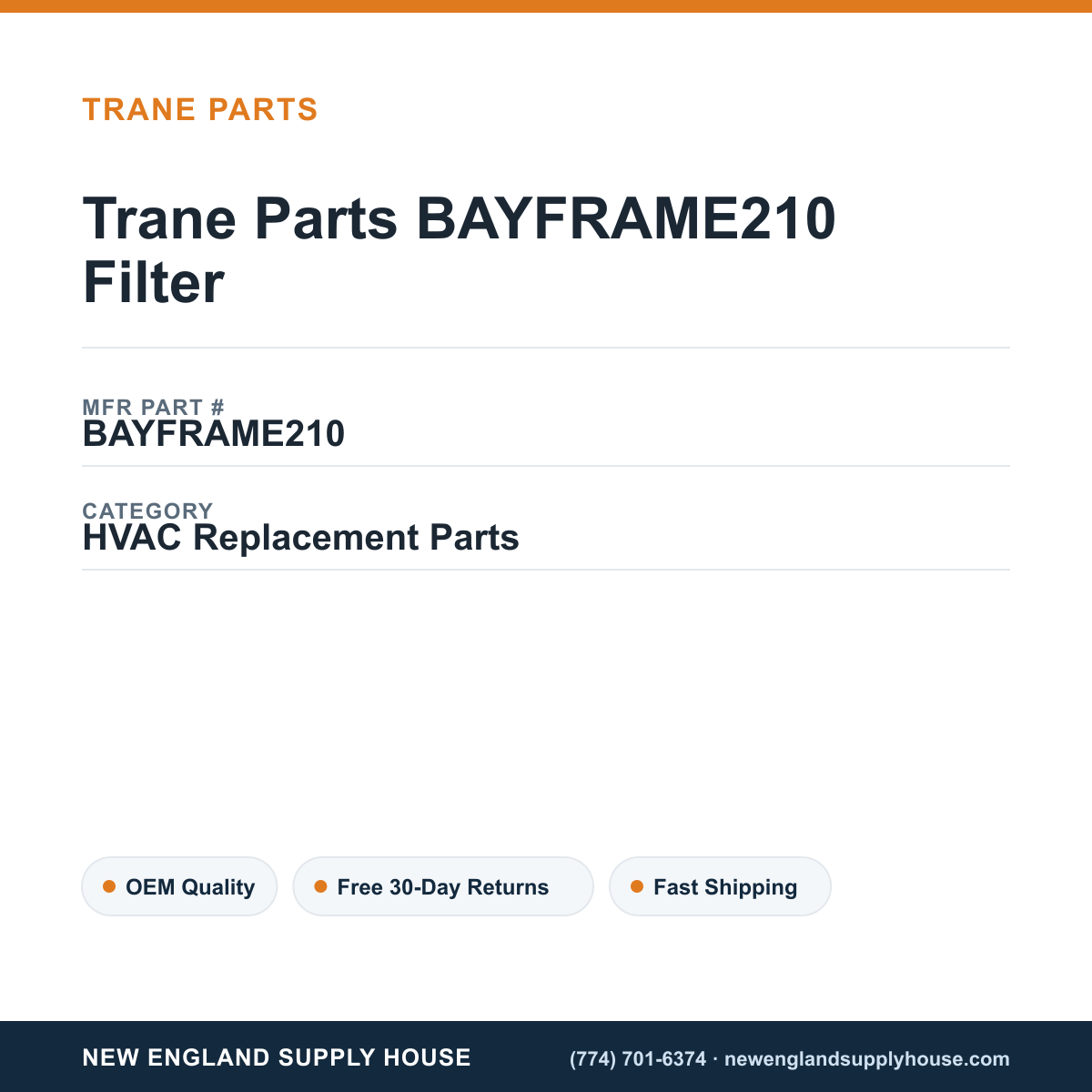 Trane Parts BAYFRAME210 Filter — New England Supply House spec card [NESH-SPEC-CARD-V2]