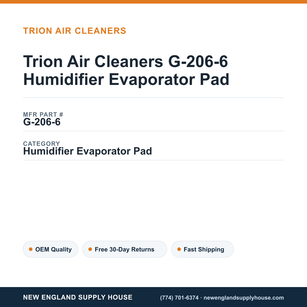 Trion Air Cleaners G-206-6 Humidifier Evaporator Pad — New England Supply House spec card [NESH-SPEC-CARD-V2]