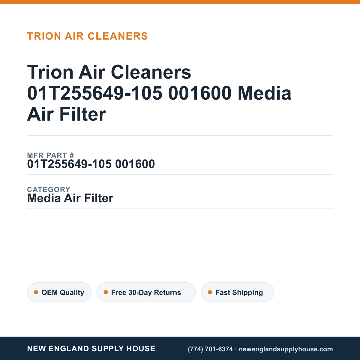 Trion Air Cleaners 01T255649-105 001600 Media Air Filter — New England Supply House spec card [NESH-SPEC-CARD-V2]