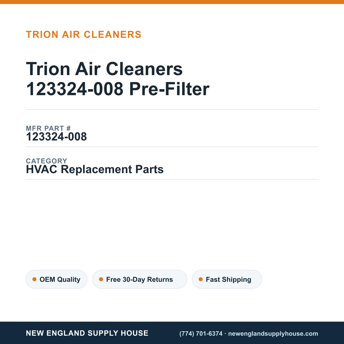 Trion Air Cleaners 123324-008 Pre-Filter — New England Supply House spec card [NESH-SPEC-CARD-V2]