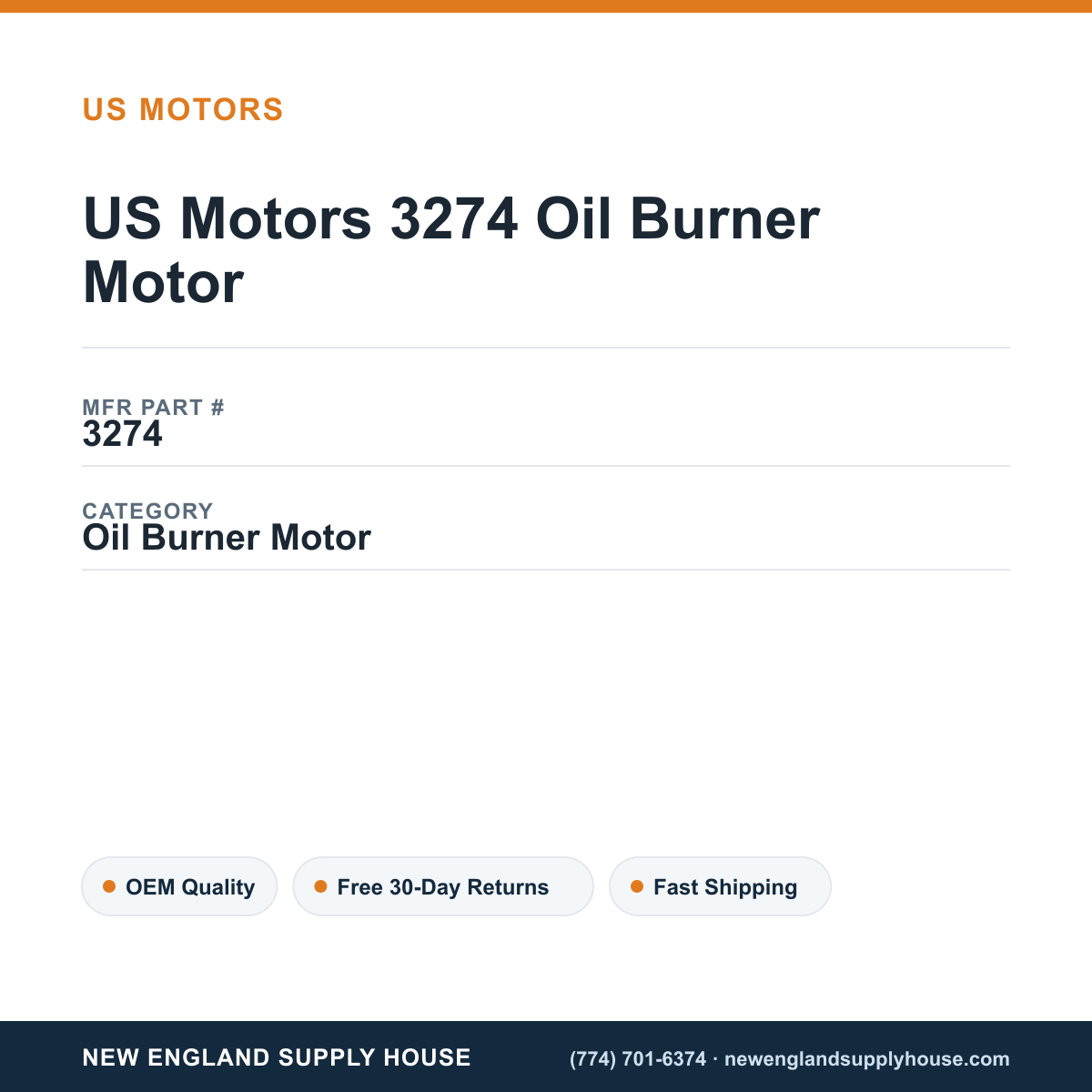 US Motors 3274 Oil Burner Motor — New England Supply House spec card [NESH-SPEC-CARD-V2]