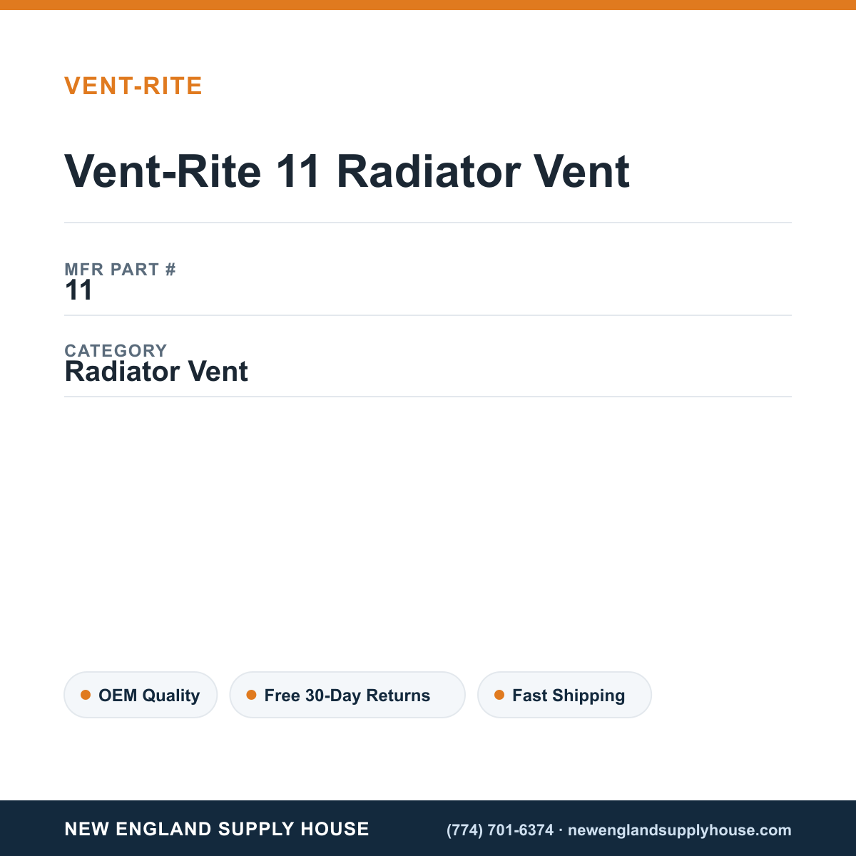 Vent-Rite 11 Radiator Vent — New England Supply House spec card [NESH-SPEC-CARD-V2]