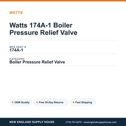 Watts 174A-1 Boiler Pressure Relief Valve — New England Supply House spec card [NESH-SPEC-CARD-V2]
