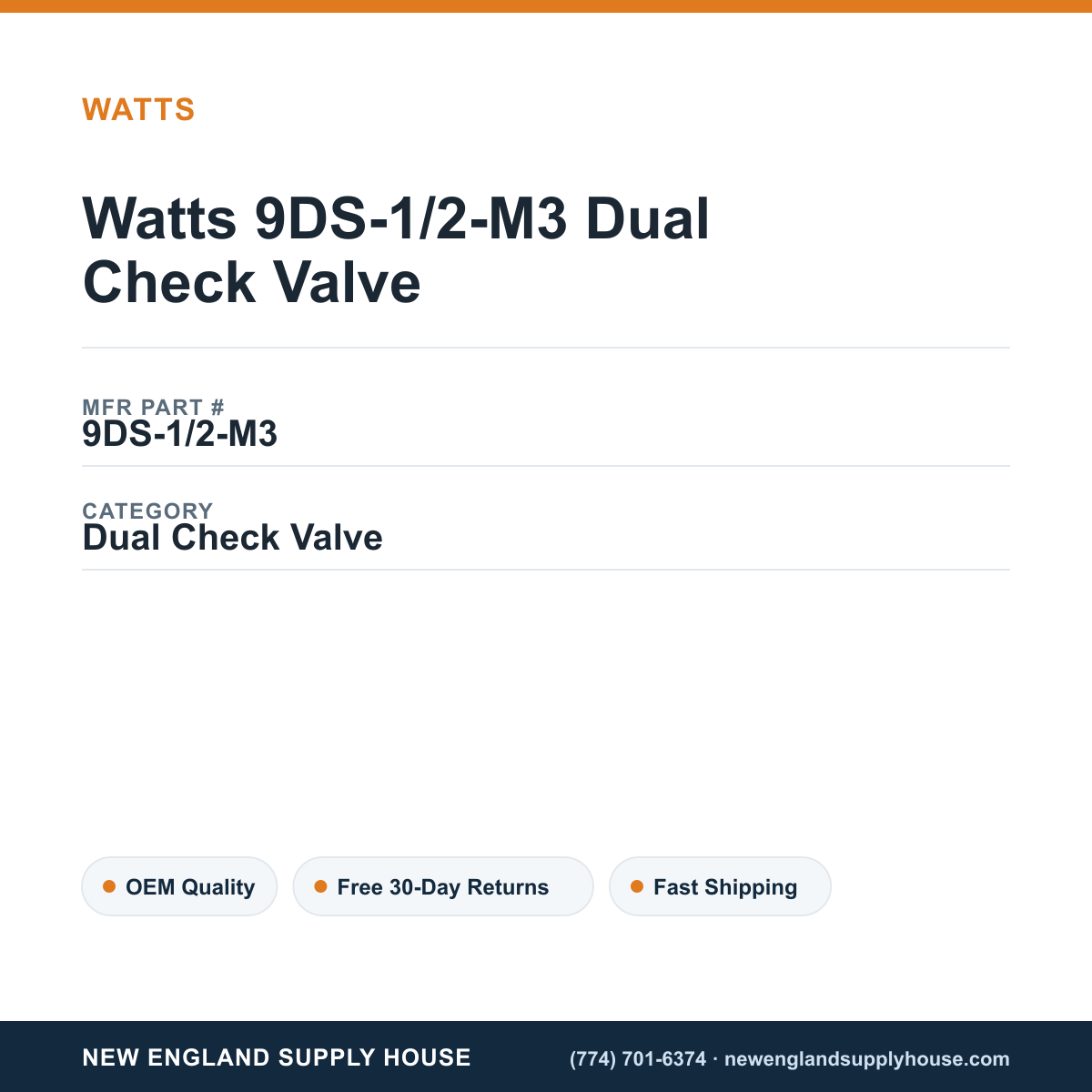 Watts 9DS-1/2-M3 Dual Check Valve — New England Supply House spec card [NESH-SPEC-CARD-V2]