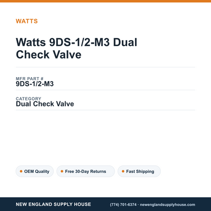 Watts 9DS-1/2-M3 Dual Check Valve — New England Supply House spec card [NESH-SPEC-CARD-V2]