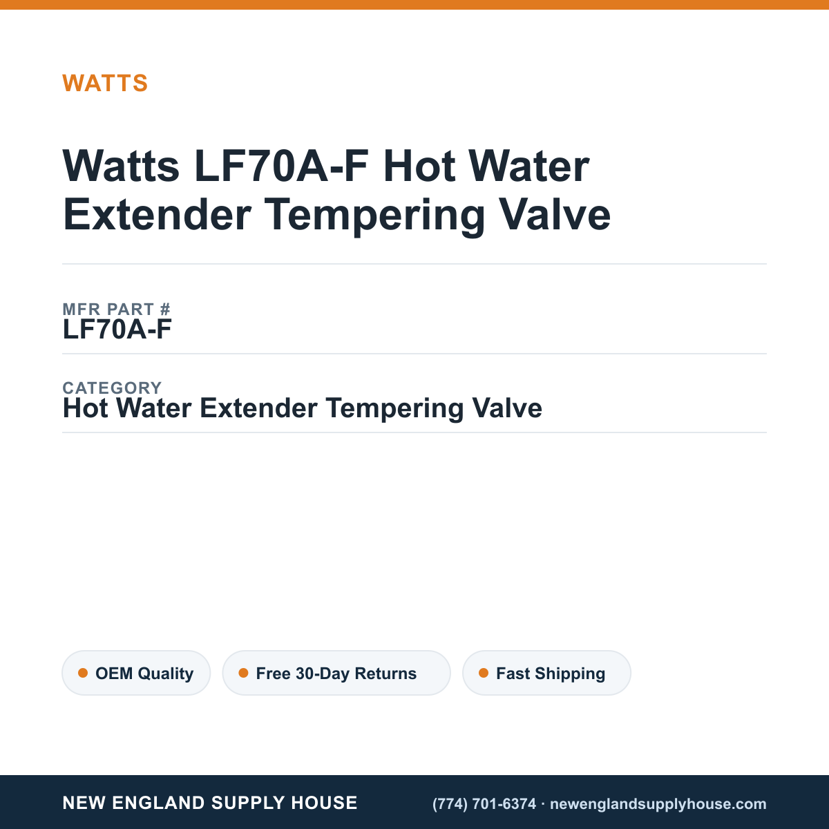 Watts LF70A-F Hot Water Extender Tempering Valve — New England Supply House spec card [NESH-SPEC-CARD-V2]