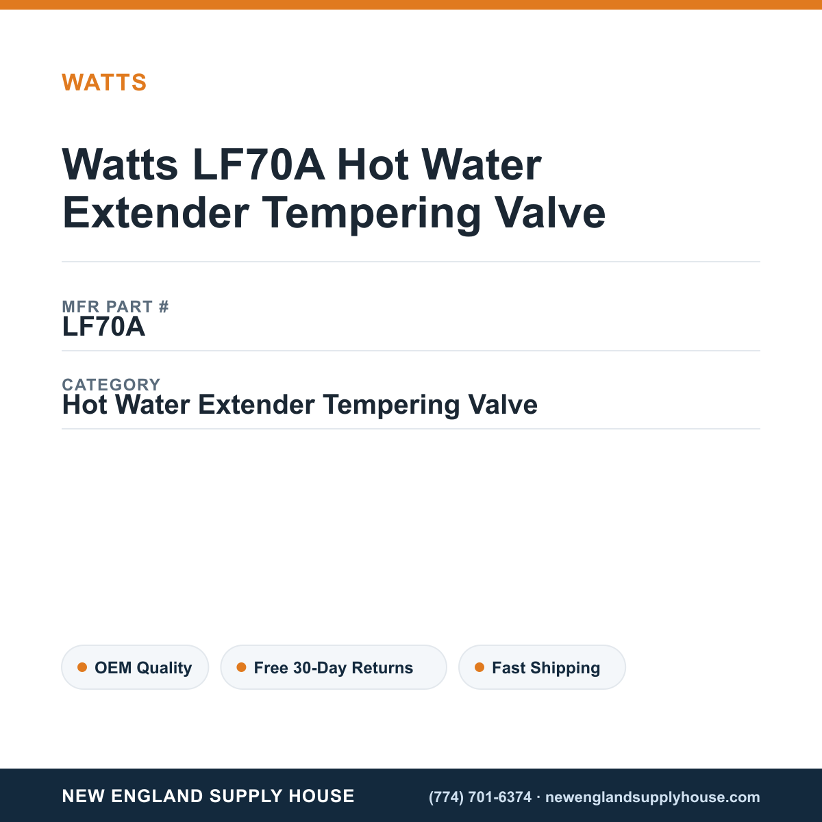 Watts LF70A Hot Water Extender Tempering Valve — New England Supply House spec card [NESH-SPEC-CARD-V2]