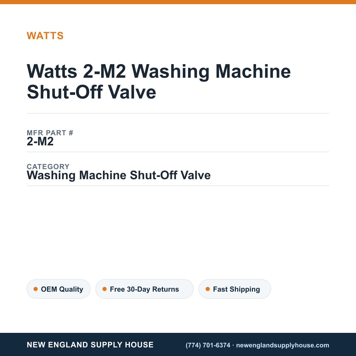 Watts 2-M2 Washing Machine Shut-Off Valve — New England Supply House spec card [NESH-SPEC-CARD-V2]