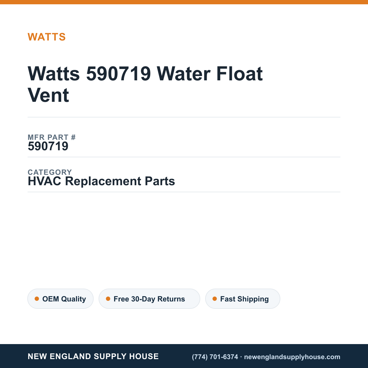 Watts 590719 Water Float Vent — New England Supply House spec card [NESH-SPEC-CARD-V2]