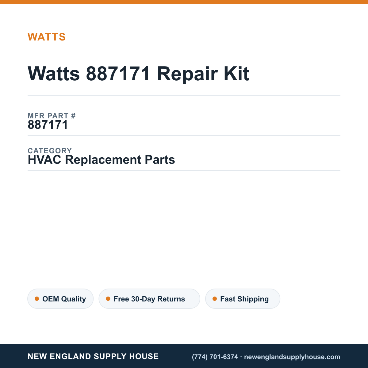 Watts 887171 Repair Kit — New England Supply House spec card [NESH-SPEC-CARD-V2]