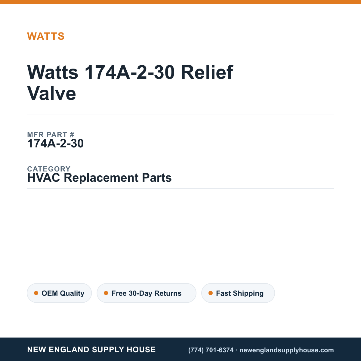 Watts 174A-2-30 Relief Valve — New England Supply House spec card [NESH-SPEC-CARD-V2]
