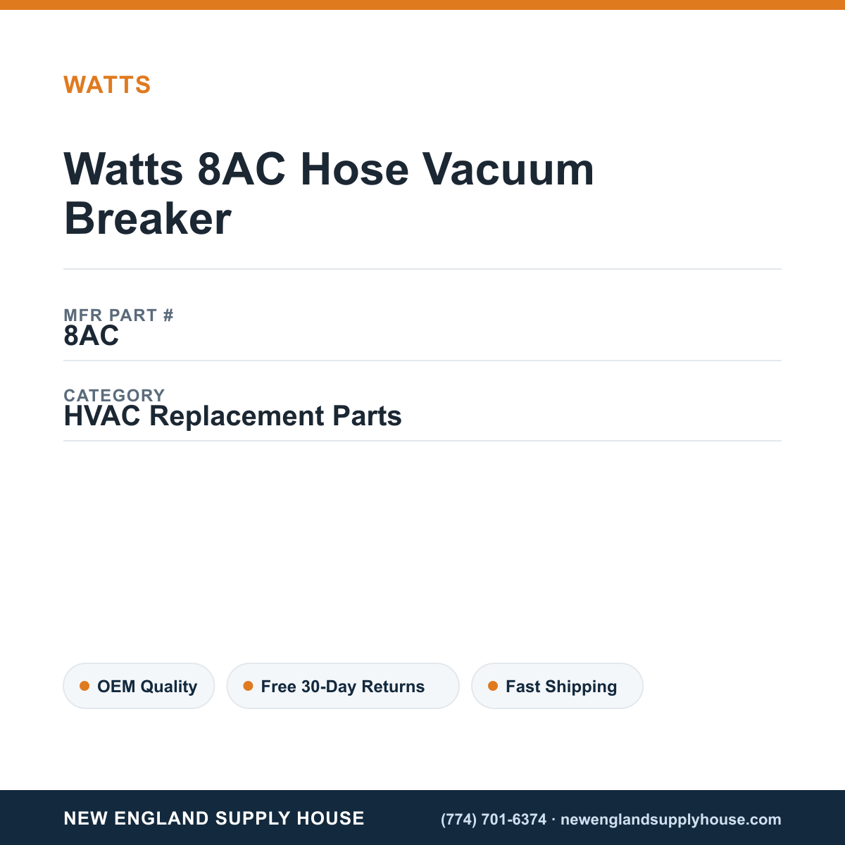 Watts 8AC Hose Vacuum Breaker — New England Supply House spec card [NESH-SPEC-CARD-V2]