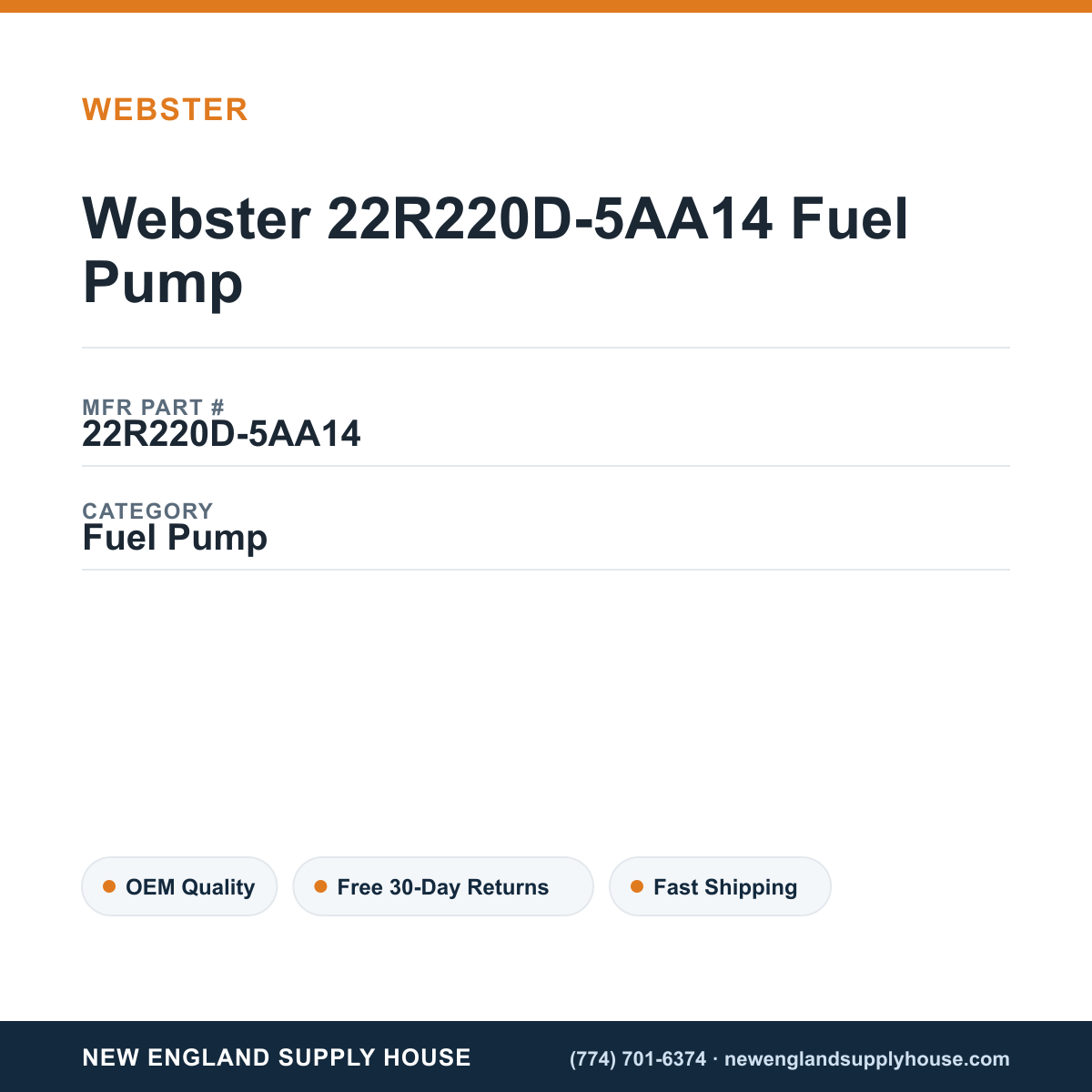 Webster 22R220D-5AA14 Fuel Pump — New England Supply House spec card [NESH-SPEC-CARD-V2]