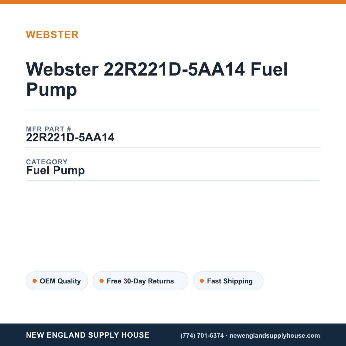 Webster 22R221D-5AA14 Fuel Pump — New England Supply House spec card [NESH-SPEC-CARD-V2]