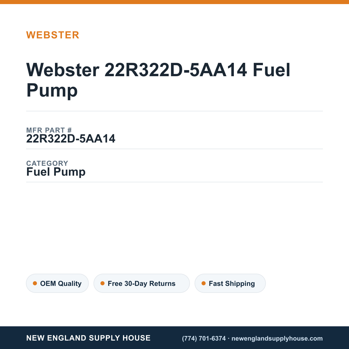 Webster 22R322D-5AA14 Fuel Pump — New England Supply House spec card [NESH-SPEC-CARD-V2]