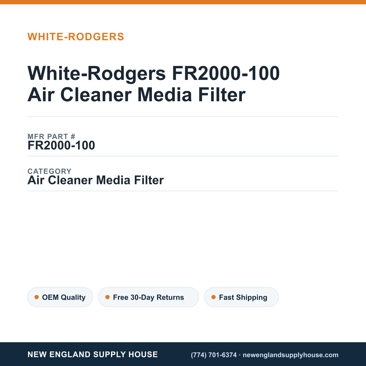 White-Rodgers FR2000-100 Air Cleaner Media Filter — New England Supply House spec card [NESH-SPEC-CARD-V2]
