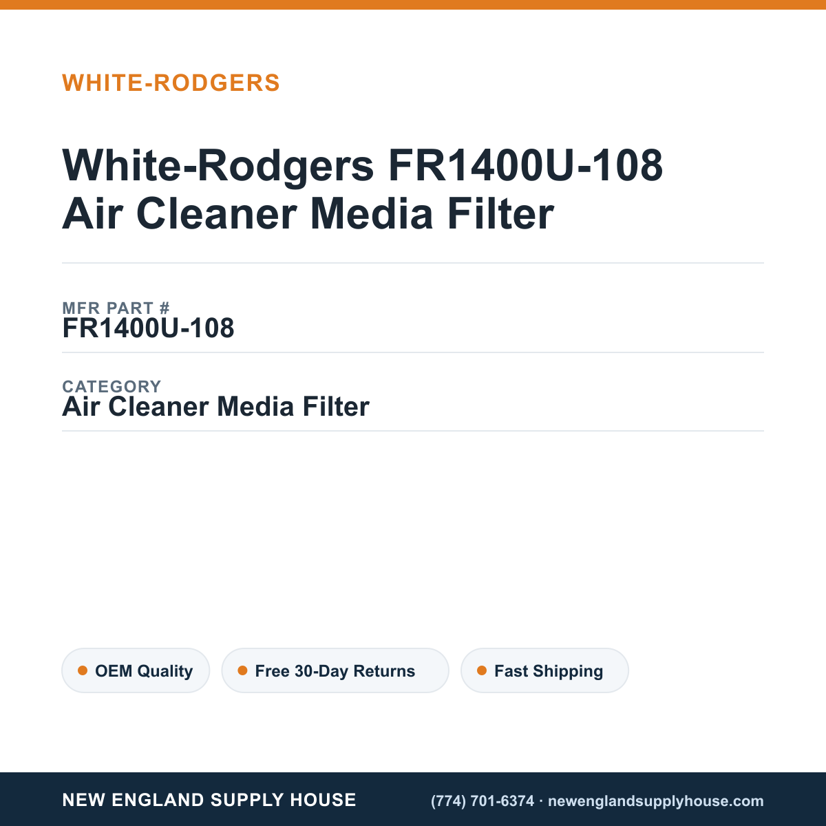 White-Rodgers FR1400U-108 Air Cleaner Media Filter — New England Supply House spec card [NESH-SPEC-CARD-V2]