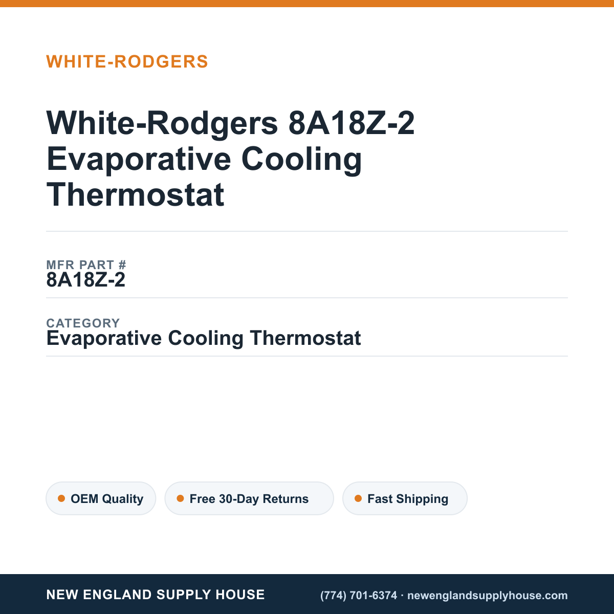 White-Rodgers 8A18Z-2 Evaporative Cooling Thermostat — New England Supply House spec card [NESH-SPEC-CARD-V2]
