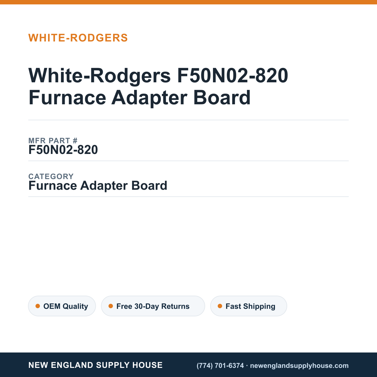White-Rodgers F50N02-820 Furnace Adapter Board — New England Supply House spec card [NESH-SPEC-CARD-V2]