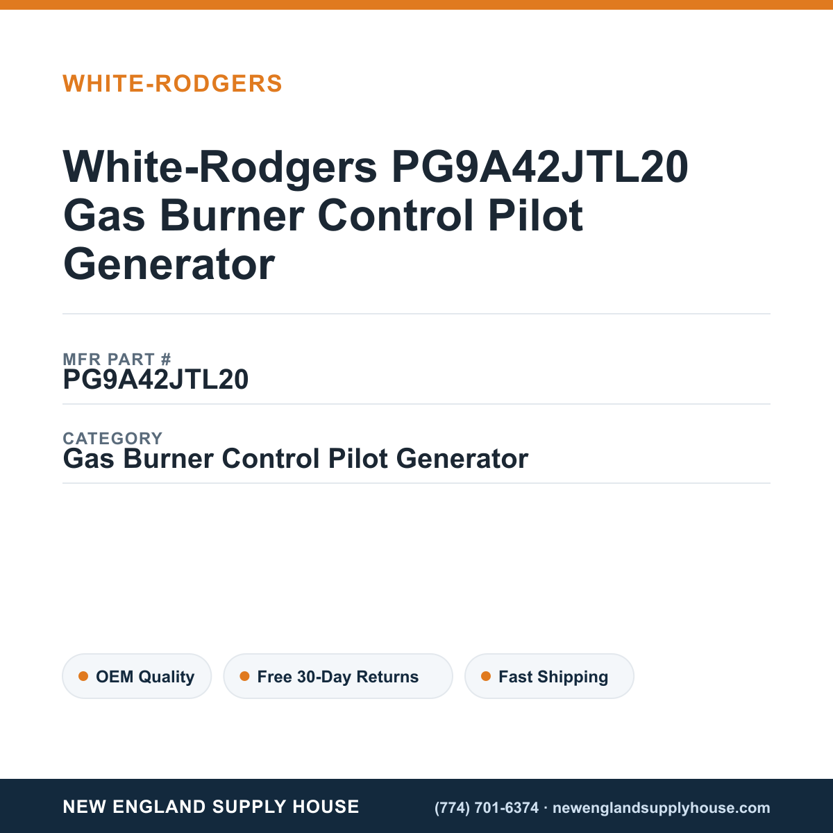 White-Rodgers PG9A42JTL20 Gas Burner Control Pilot Generator — New England Supply House spec card [NESH-SPEC-CARD-V2]