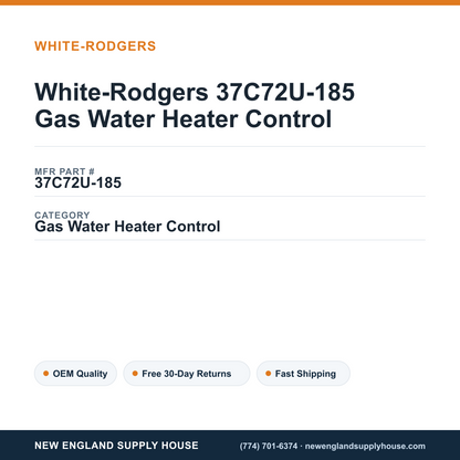 White-Rodgers 37C72U-185 Gas Water Heater Control — New England Supply House spec card [NESH-SPEC-CARD-V2]