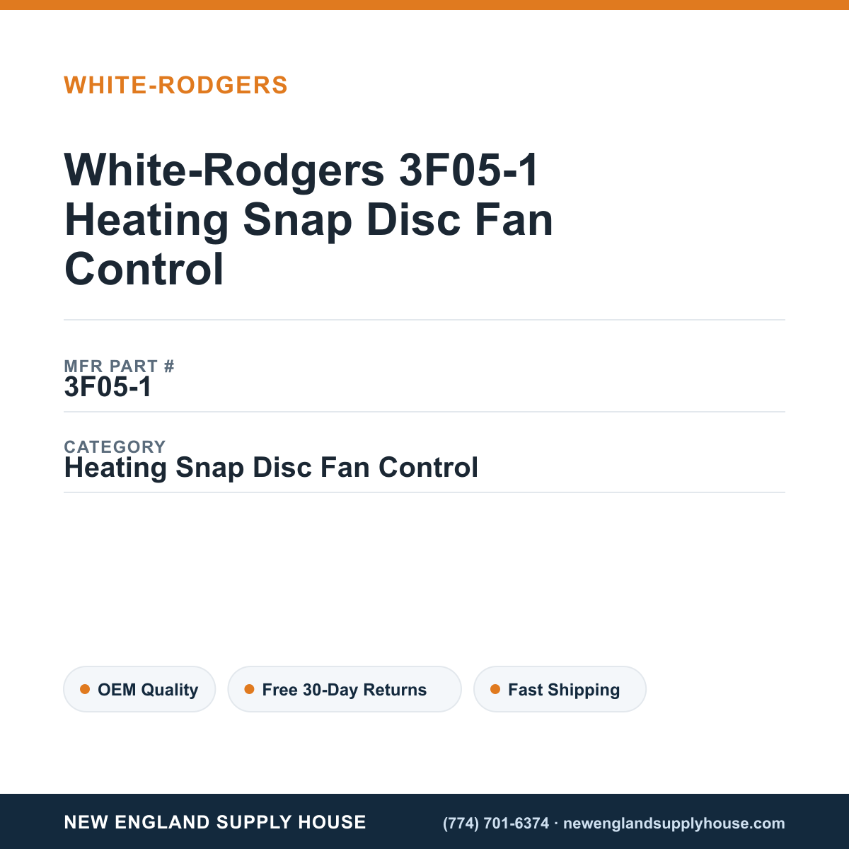 White-Rodgers 3F05-1 Heating Snap Disc Fan Control — New England Supply House spec card [NESH-SPEC-CARD-V2]