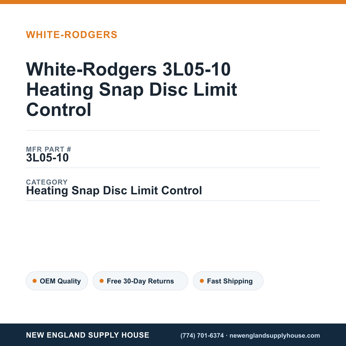 White-Rodgers 3L05-10 Heating Snap Disc Limit Control — New England Supply House spec card [NESH-SPEC-CARD-V2]