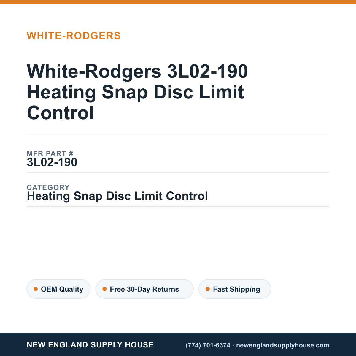 White-Rodgers 3L02-190 Heating Snap Disc Limit Control — New England Supply House spec card [NESH-SPEC-CARD-V2]