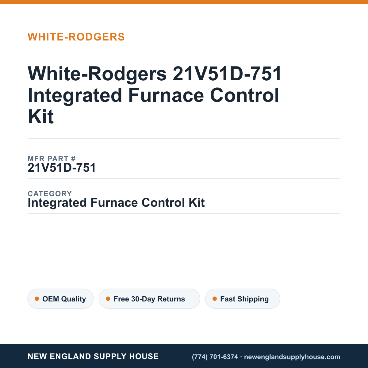 White-Rodgers 21V51D-751 Integrated Furnace Control Kit — New England Supply House spec card [NESH-SPEC-CARD-V2]