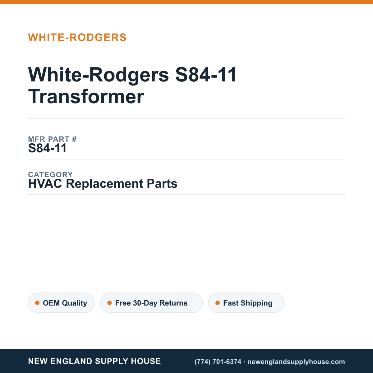 White-Rodgers S84-11 Transformer — New England Supply House spec card [NESH-SPEC-CARD-V2]