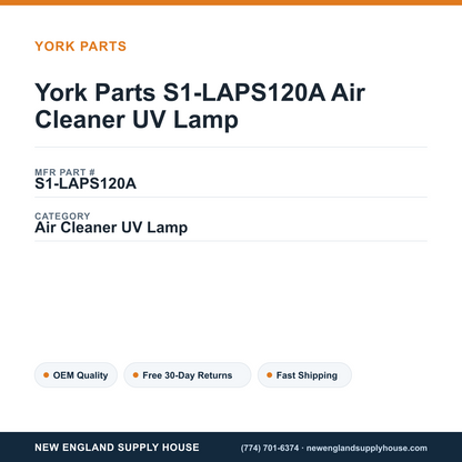 York Parts S1-LAPS120A Air Cleaner UV Lamp — New England Supply House spec card [NESH-SPEC-CARD-V2]