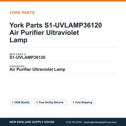 York Parts S1-UVLAMP36120 Air Purifier Ultraviolet Lamp — New England Supply House spec card [NESH-SPEC-CARD-V2]