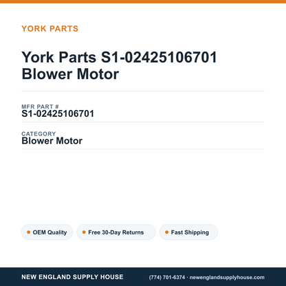 York Parts S1-02425106701 Blower Motor — New England Supply House spec card [NESH-SPEC-CARD-V2]