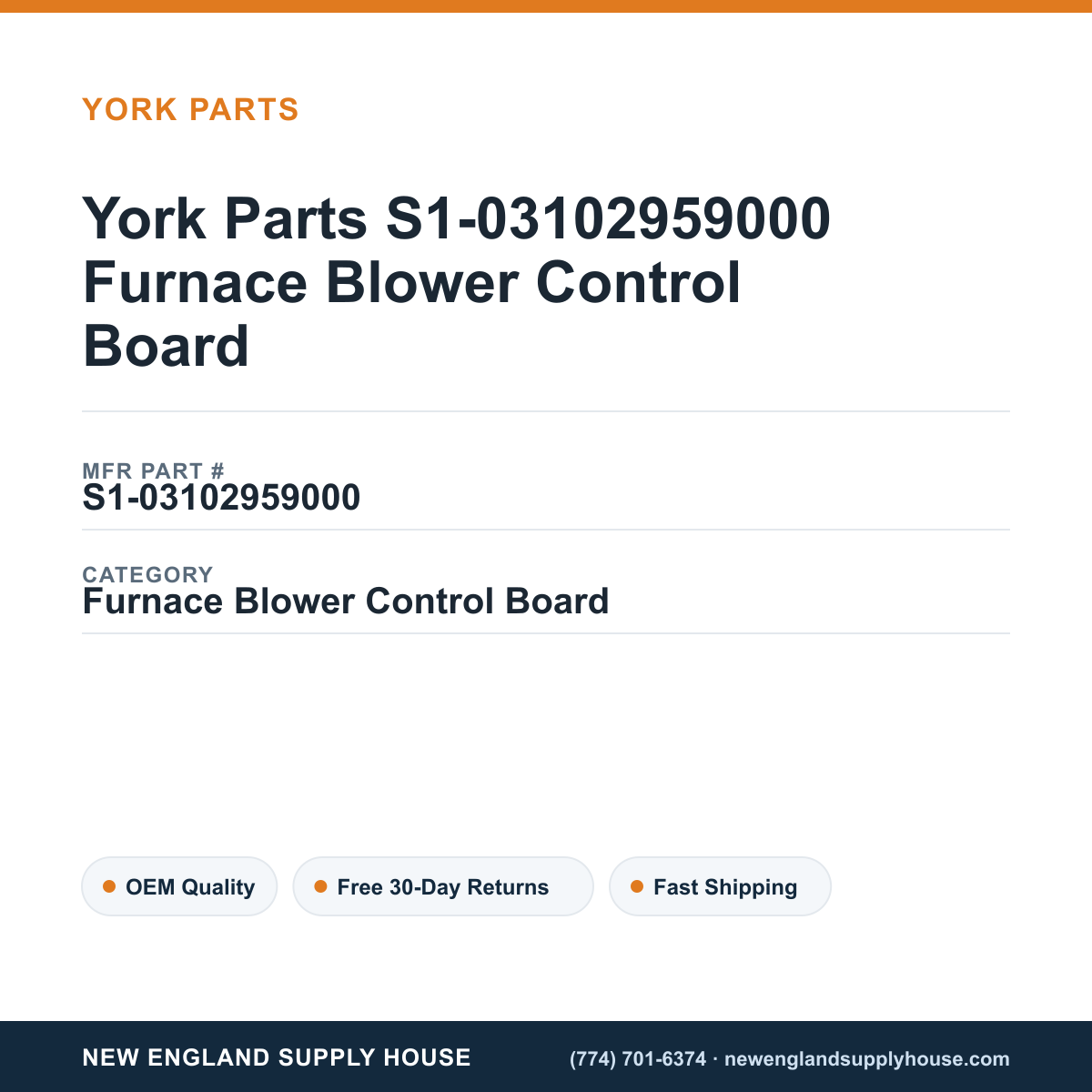 York Parts S1-03102959000 Furnace Blower Control Board — New England Supply House spec card [NESH-SPEC-CARD-V2]