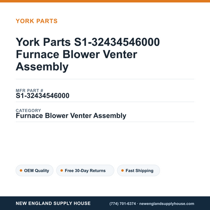 York Parts S1-32434546000 Furnace Blower Venter Assembly — New England Supply House spec card [NESH-SPEC-CARD-V2]