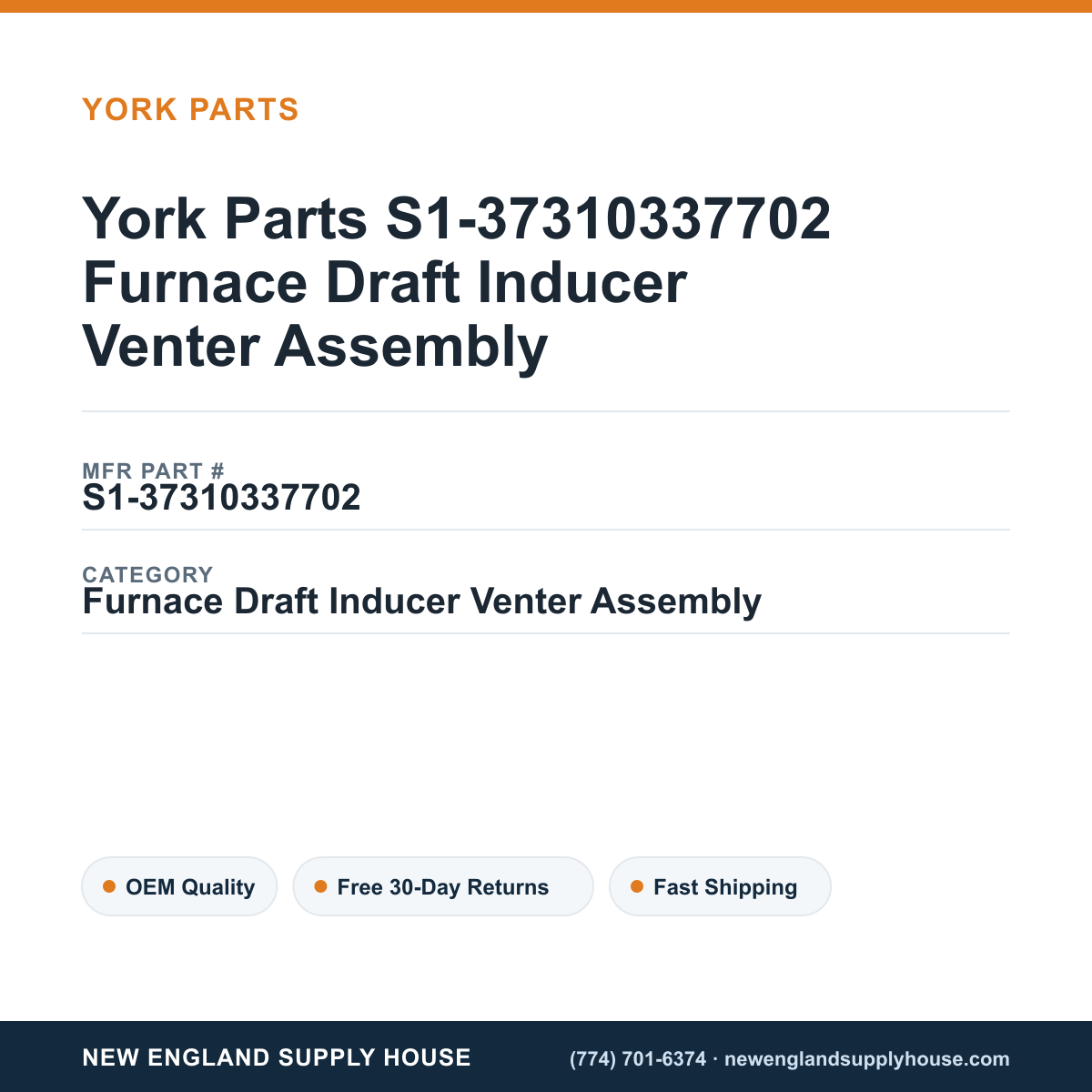 York Parts S1-37310337702 Furnace Draft Inducer Venter Assembly — New England Supply House spec card [NESH-SPEC-CARD-V2]