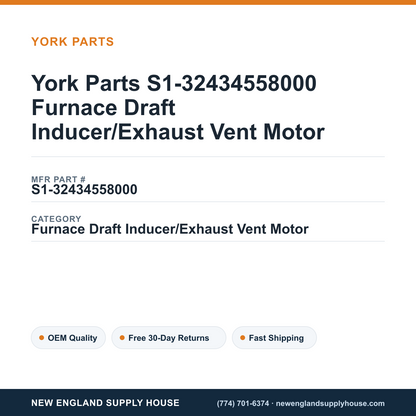 York Parts S1-32434558000 Furnace Draft Inducer/Exhaust Vent Motor — New England Supply House spec card [NESH-SPEC-CARD-V2]
