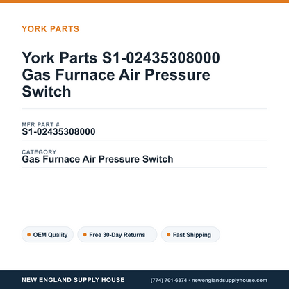 York Parts S1-02435308000 Gas Furnace Air Pressure Switch — New England Supply House spec card [NESH-SPEC-CARD-V2]