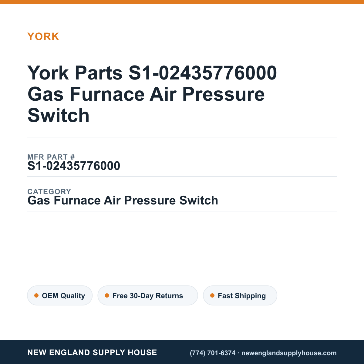 York Parts S1-02435776000 Gas Furnace Air Pressure Switch — New England Supply House spec card [NESH-SPEC-CARD-V2]
