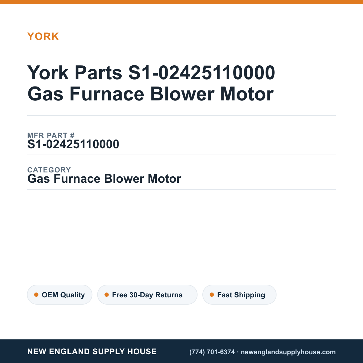 York Parts S1-02425110000 Gas Furnace Blower Motor — New England Supply House spec card [NESH-SPEC-CARD-V2]